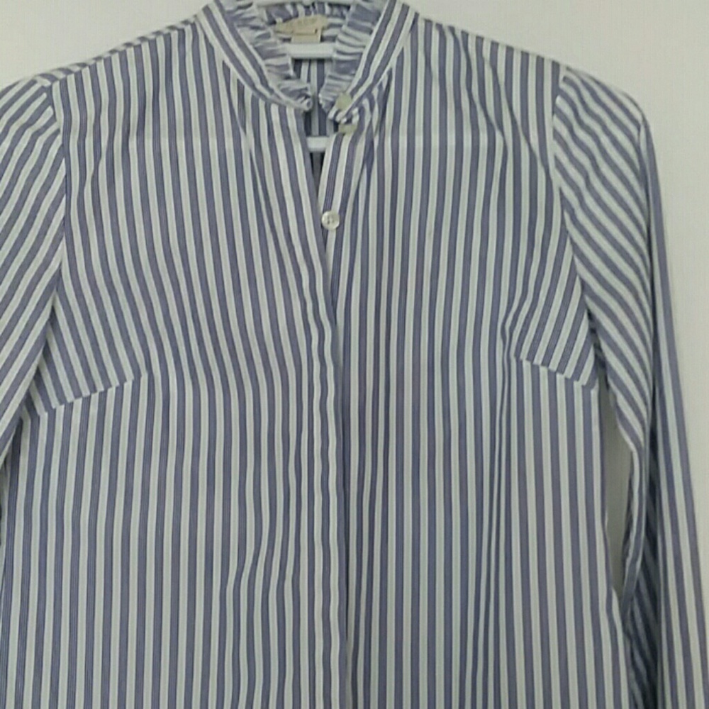 Blue/White Pinstriped JCrew Ruffled Button Down - Picture 3 of 5